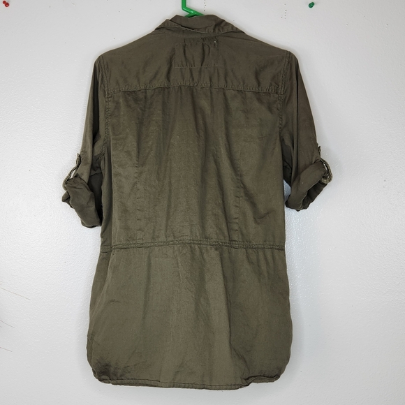 Decree Army Green Utility Button Up Zip Pockets Roll Tab Sleeve Top Size XXL - Picture 5 of 9
